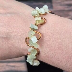 Copper Wire Green Sea Glass Bracelet 6.25"‎ Hook Clasp Boho Beach Jewelry Rustic